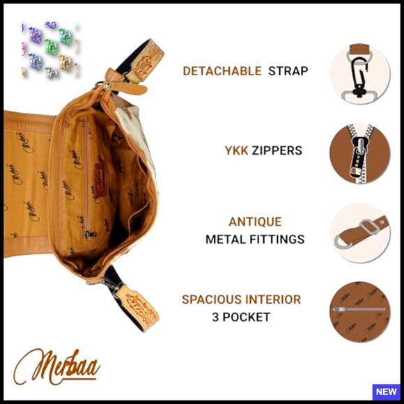 Leather Crossbody Bag Floral Tooled Adjustable Shoulder Purse Multipocket Chic
